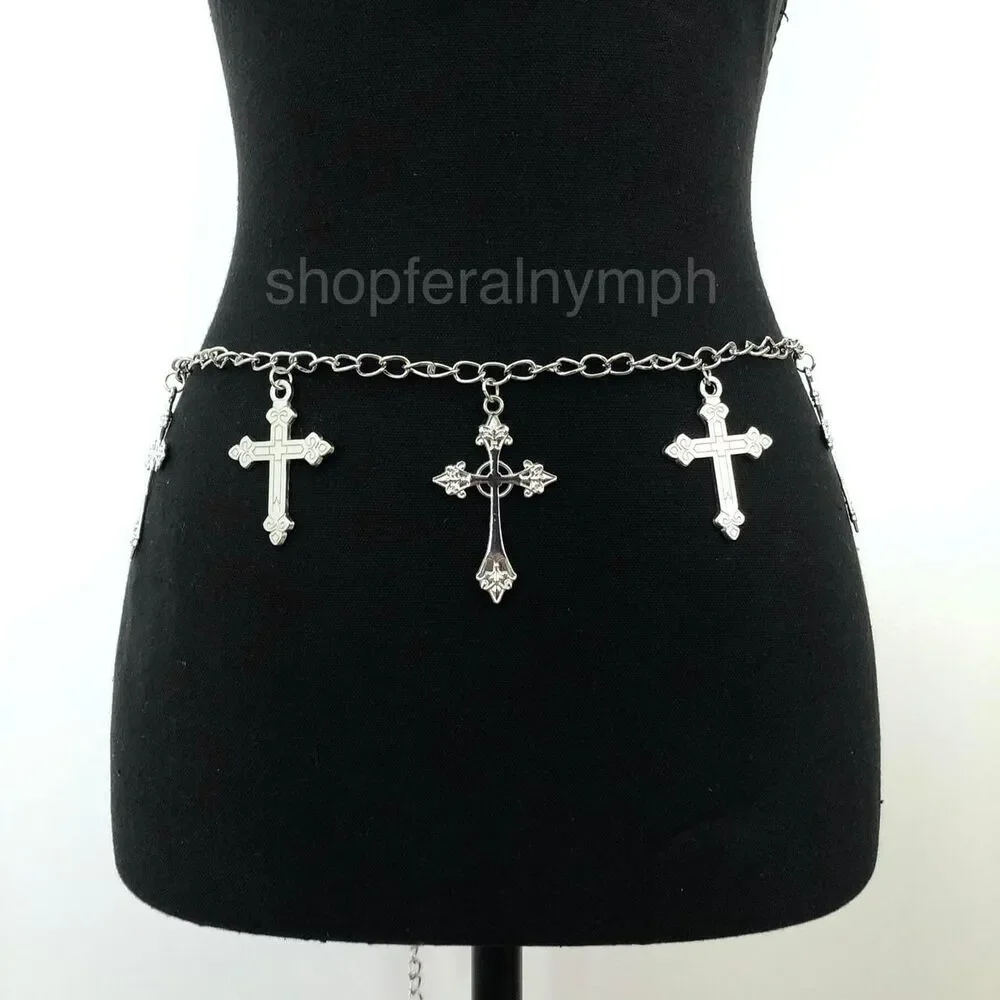 Vintage Y2K Whimsygoth Silver Cross Chain Belt, Fits 19–42 Inches, X7GA1189